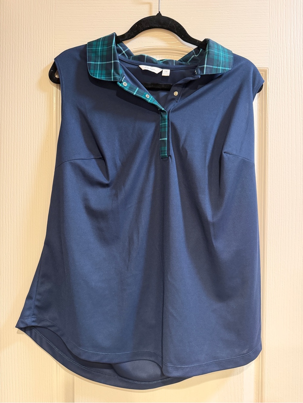 Lady Hagen Navy Sleeveless Polo with Green Plaid Collar